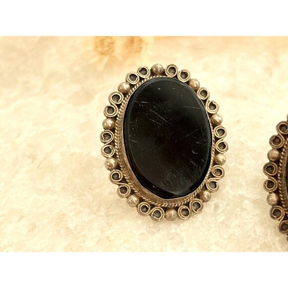 Taxco Mexico Black Onyx Screw Back 925 Sterling Silver Vintage Stud Earrings - Picture 10 of 13